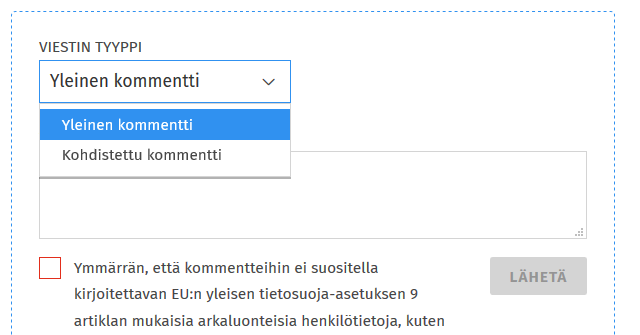 Kuvakaappaus Sisusta:opintosuunnitelman kommentointi