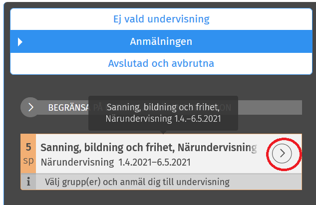 Skärmdump: anmälningen i studiekalender