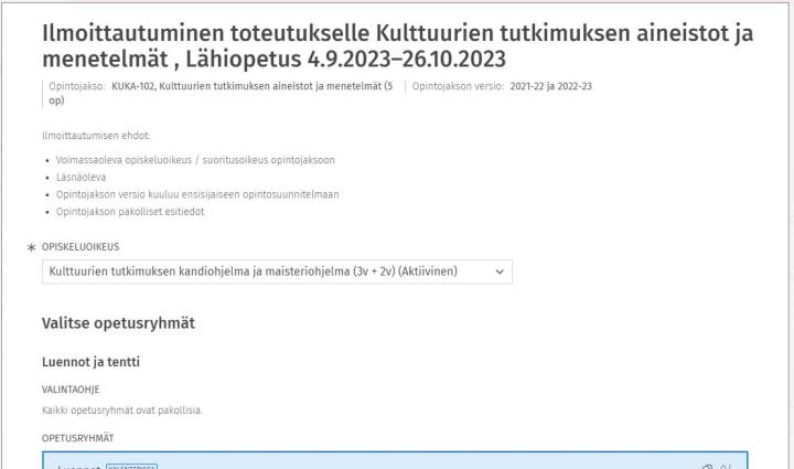 Kuvakaappaus ilmoittautumisen vahvistamisen ikkunasta.