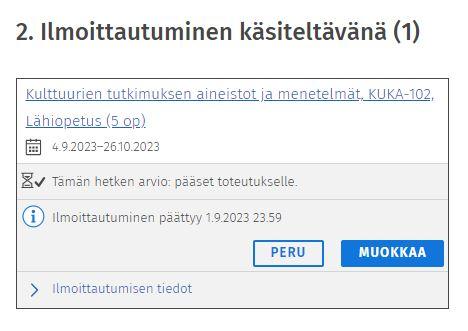 Kuvakaappaus ilmoittautumisen perumisen ja muokkaamisen painikkeista toteutuksen tiedoissa.