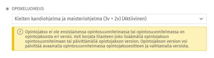 Kuvakaappaus virheilmoituksesta opintojakson puuttuessa opiskeluoikeuden suunnitelmasta.