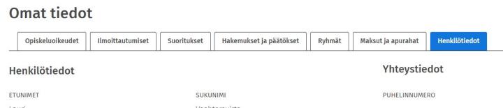 Kuvakaappaus Omat tiedot -sivun Henkilötiedot-välilehdestä.