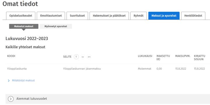 Kuvakaappaus Omat tiedot -sivun Maksut ja apurahat -välilehdestä.