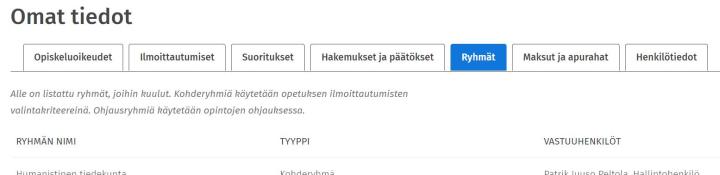 Kuvakaappaus Omat tiedot -sivun Ryhmät-välilehdestä.