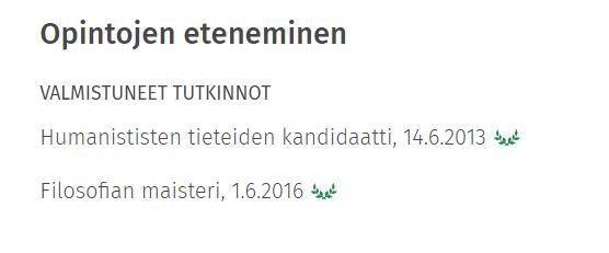 Kuvakaappaus valmistuneen tutkinnon tiedoista opiskeluoikeudella.