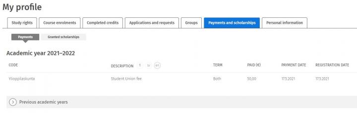 Screen capture of the tab Payments and scholarship in Sisu