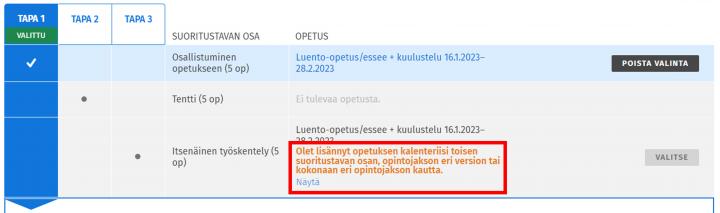 Kuvakaappaus opintojaksoesitteellä opetuksen nimen alla näkyvästä ilmoituksesta.