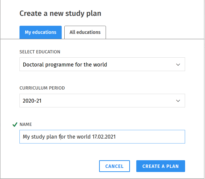 Screenshot: new study plan in Sisu