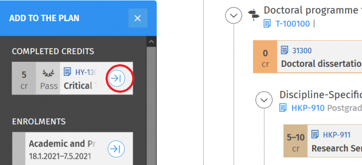 Screenshot: adding missing courses
