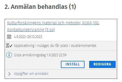 Skärmdump av studiemomentets uppgifter som visar Inställ-knappen.