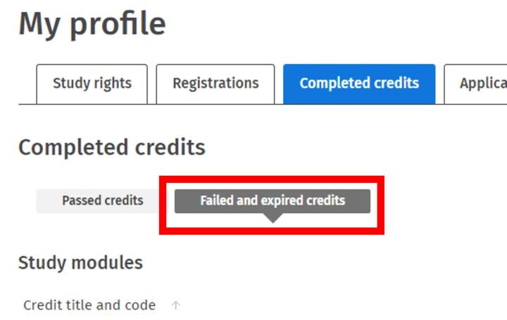 Screenshot of the Completed credits tab.