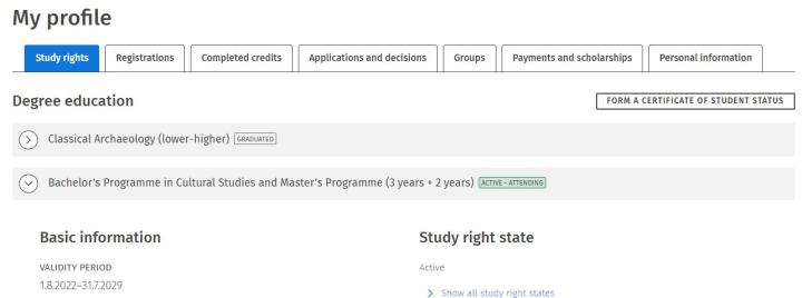 Screenshot of the Study rights tab.