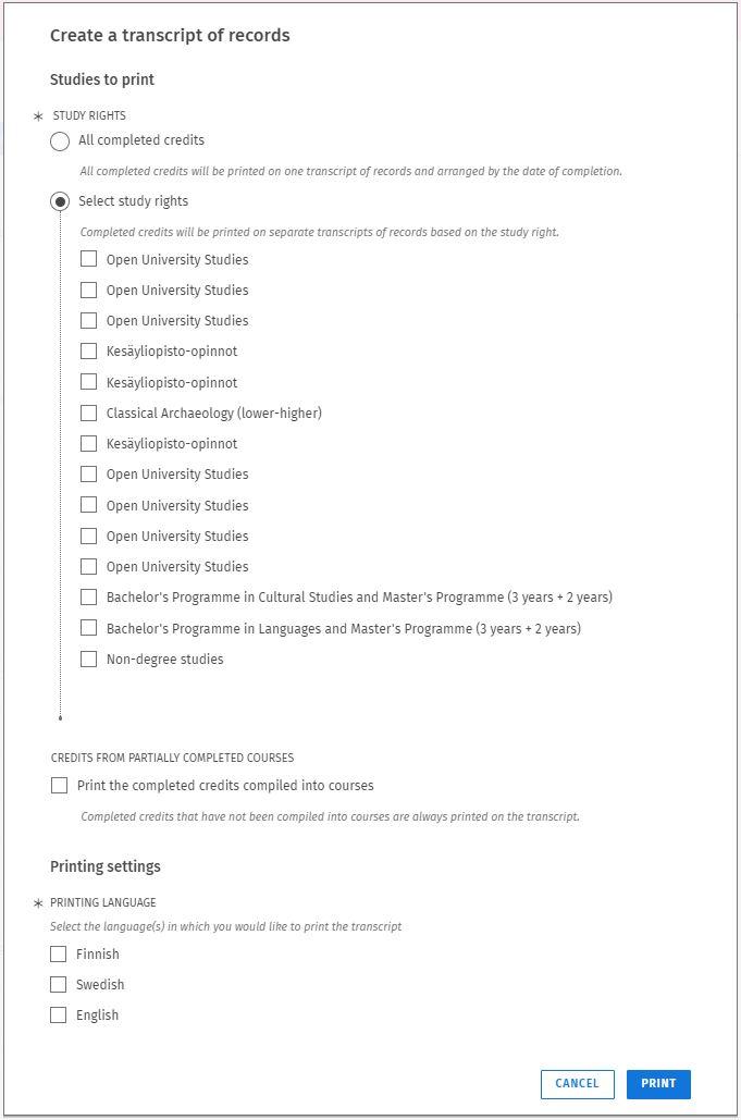 Screenshot of the transcript options in Sisu.