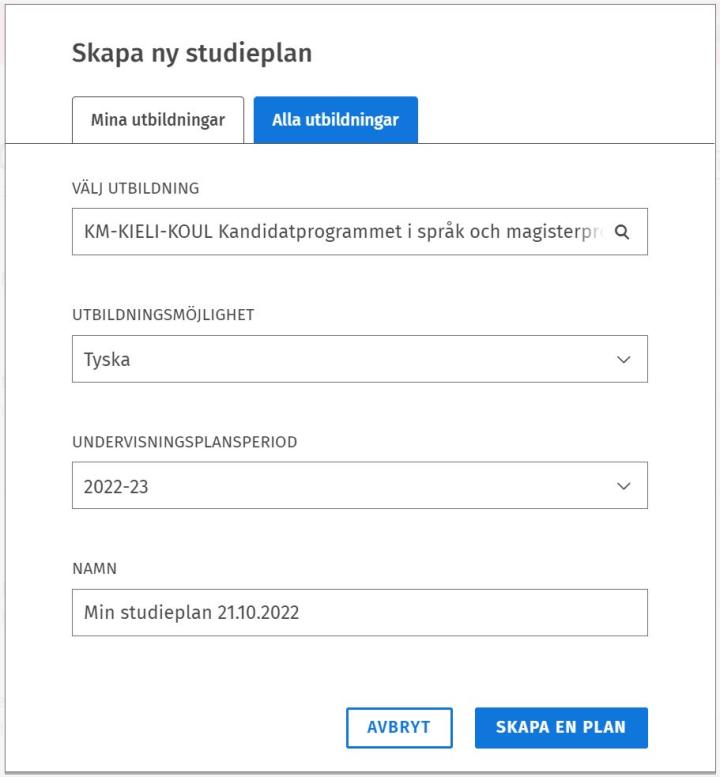 Skärmbild: Skapa ny studieplan i Sisu