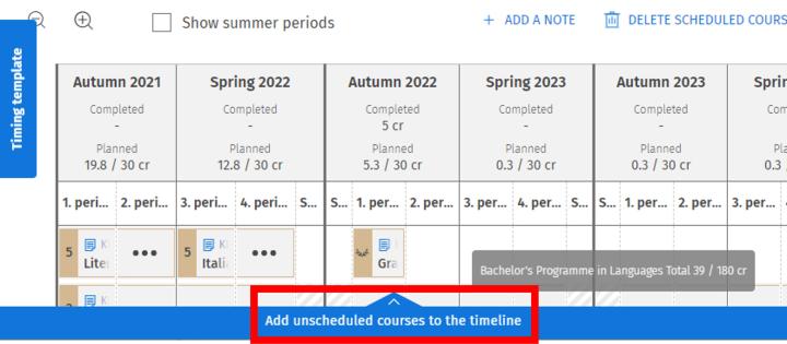 Screenshot: add courses to the timeline in Sisu