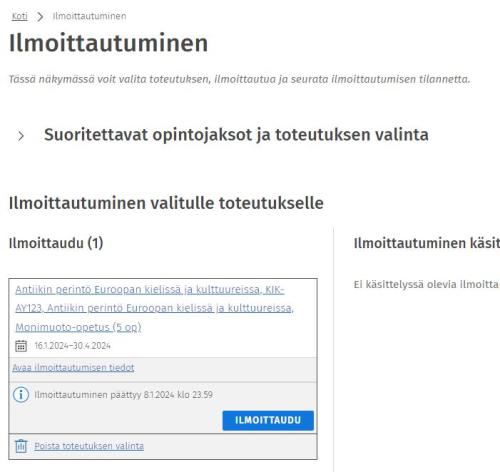 Kuvakaappaus Ilmoittautuminen-sivulta Sisussa.