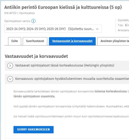 Kuvakaappaus Vastaavuudet ja korvaavuudet -välilehdestä Sisussa.