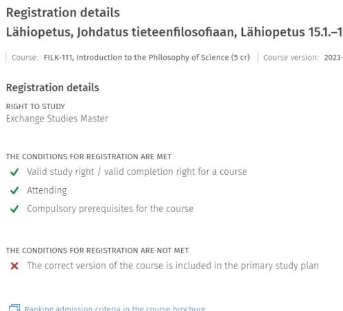 Screen capture of the registration details in Sisu.