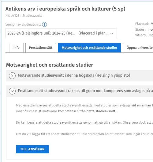 Skärmdump av fliken Motsvarighet och ersättande studier i Sisu.