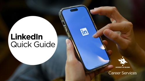 An illustration showing the text "LinkedIn Quick Guide" and the hands of a person using LinkedIn on their phone.