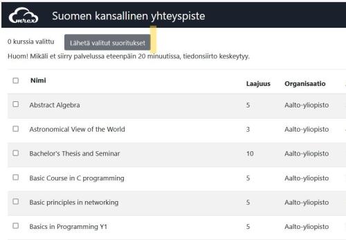  Kuvassa havainnollistetaan valittujen opintosuoritusten lähettäminen Emrex-palveluun.