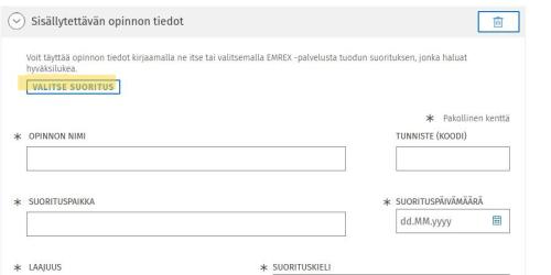Kuvassa valitaan suorituksia Sisun hyväksilukuhakemukselle.