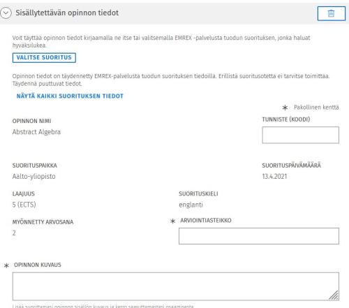 Kuvassä näkyy hyväksilukuhakemuksella Emrexin välittämät tiedot .