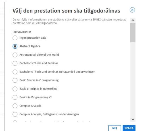  Bilden visar hur man väljer en specifik prestation från en grupp prestationer.