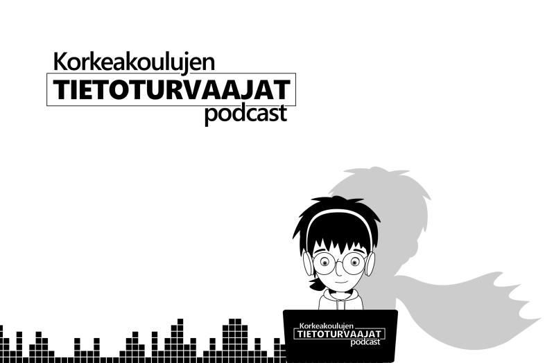 Korkeakoulujen tietoturvaajat -podcastin logo, hahmo tietokoneen äärellä, jonka varjossa näkyy hulmuava viitta
