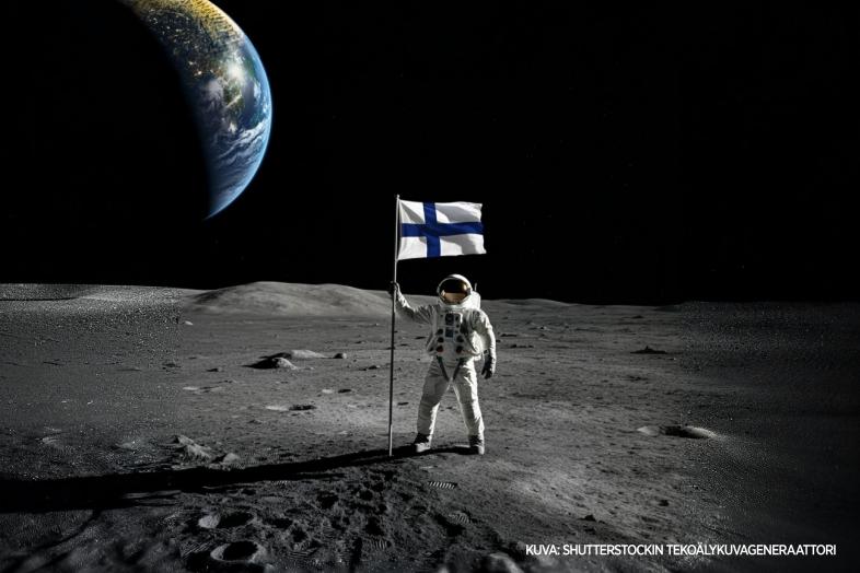 Astronautti pystyttää Suomen lippua kuun pinnalle.