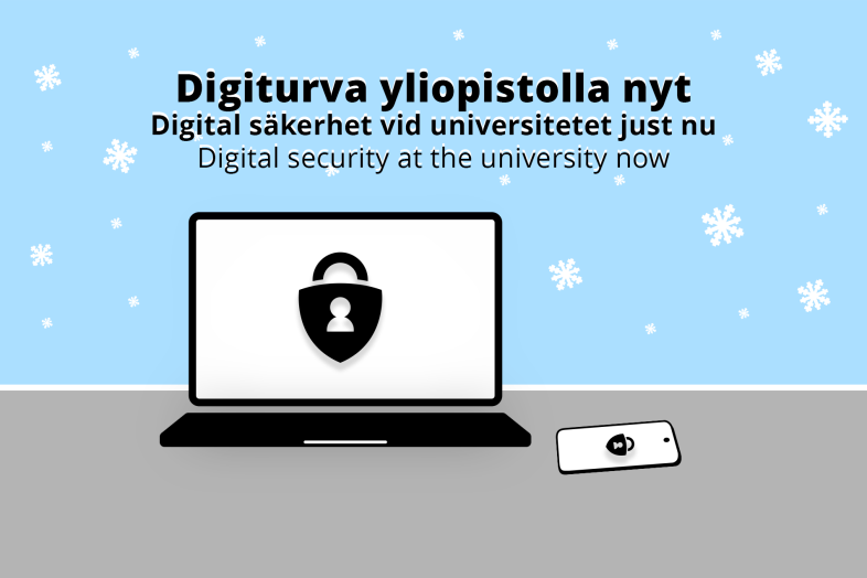 Digital säkerhet vid universitetet just nu – digital säkerhetsöversikt, snölandskap, laptop och telefon med låsikon