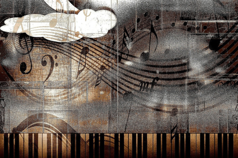 Kollaasimainen kuva nuottiviivastoista ja koskettimistosta.