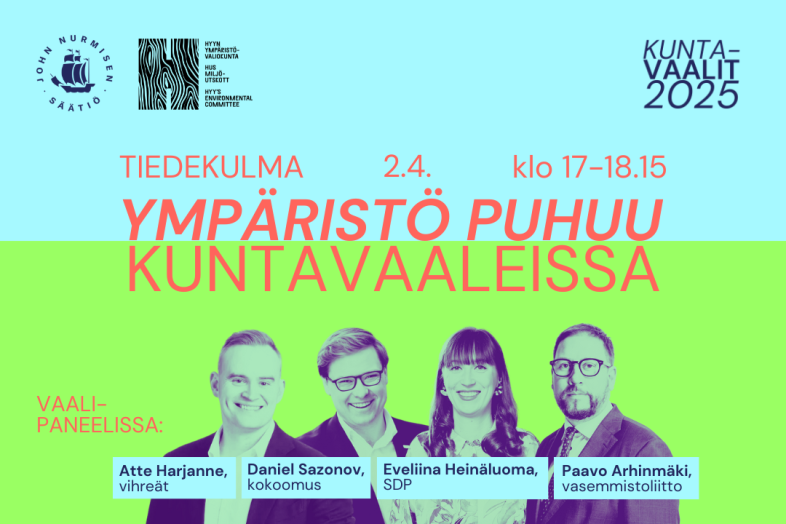 Tapahtuman mainos, jossa vasemmalta oikealle Atte Harjanne, Daniel Sazonov, Eveliina Heinäluoma ja Paavo Arhinmäki.