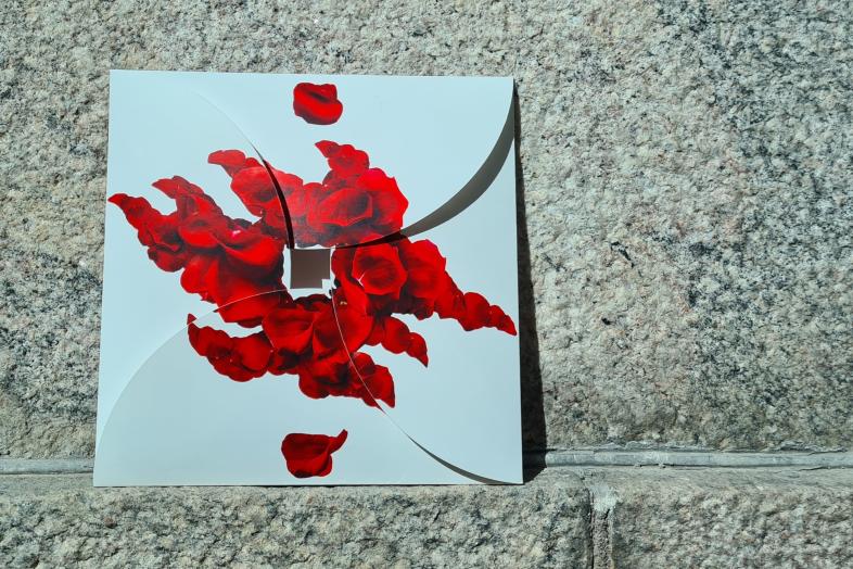 Kiviseinää vasten nojaa valkoinen onnittelukirje, jossa punaisista ruusunlehdistä muodostettu yliopiston liekkimerkki.