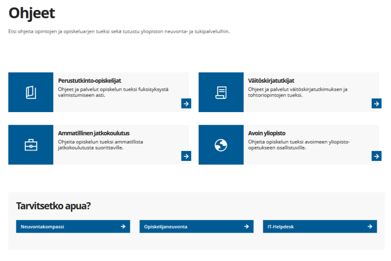 Kuvakaappaus Opiskelu-palvelun ohjeiden uudesta etusivusta.