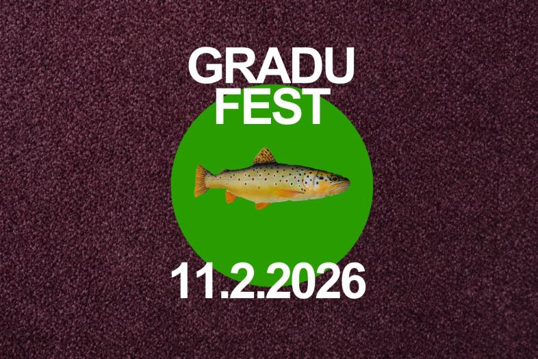 teksti 11.2.2026 Gradufest piirrohahmomainen kala ympyrän keskellä
