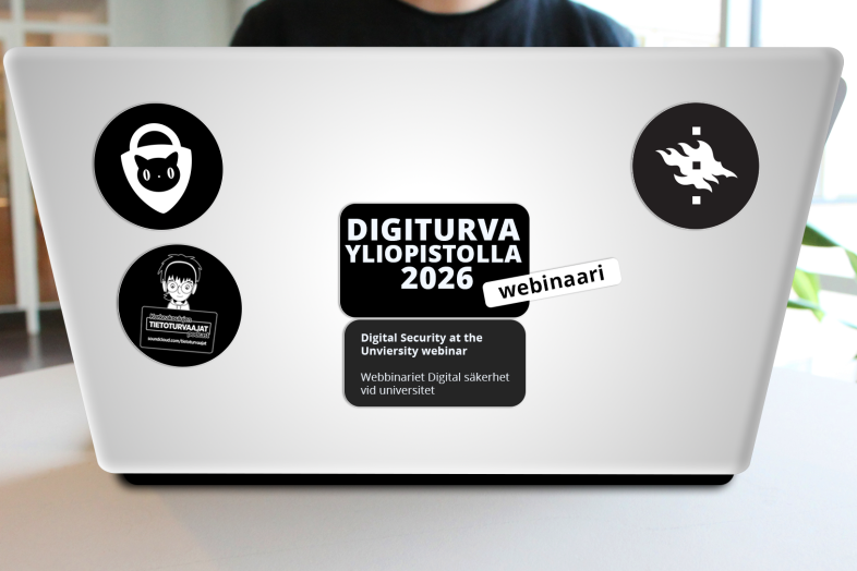 läppäri, jossa kannettavatarroja tekstillä Digiturva yliopistolla 2026 -webinaari