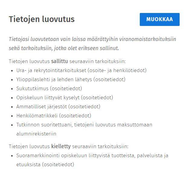 Kuvakaappaus luovutusehdoista Omat tiedot -sivulla.