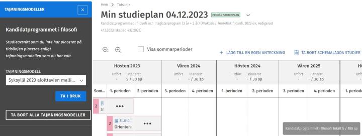 Skärmdump av tajmningsmodellen-menyn.