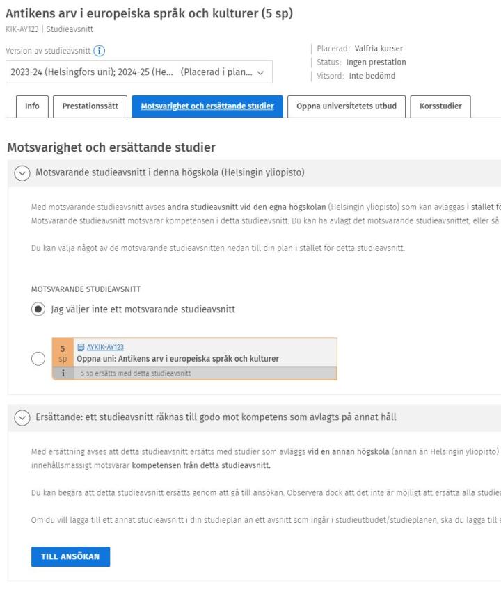 Skärmdump av Motsvarighet och ersättande studier-fliken på kursbroschyren.