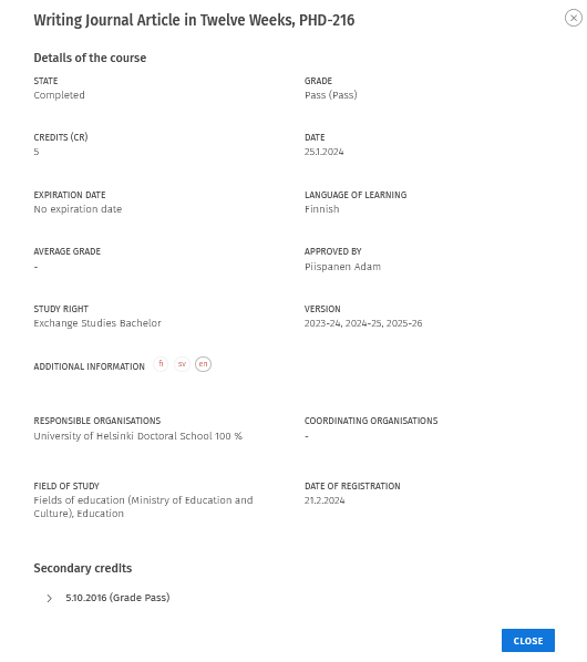 suorituksen kaikki tiedot