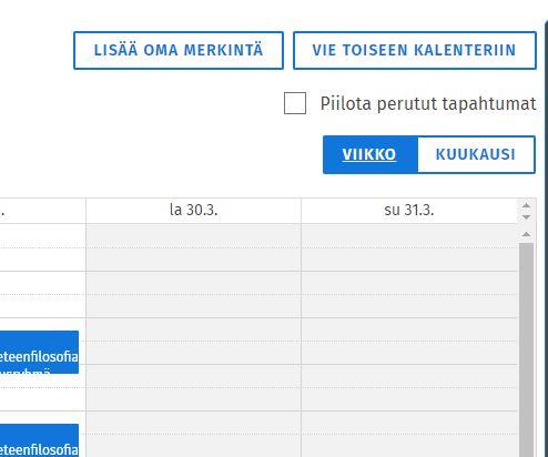 Kuvakaappaus Opintokalenteri-sivun painikkeista.