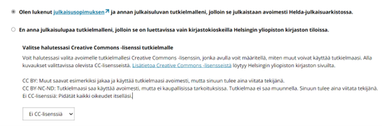 Kuva järjestelmästä, jossa annetaan julkaisulupa tutkielmalle.